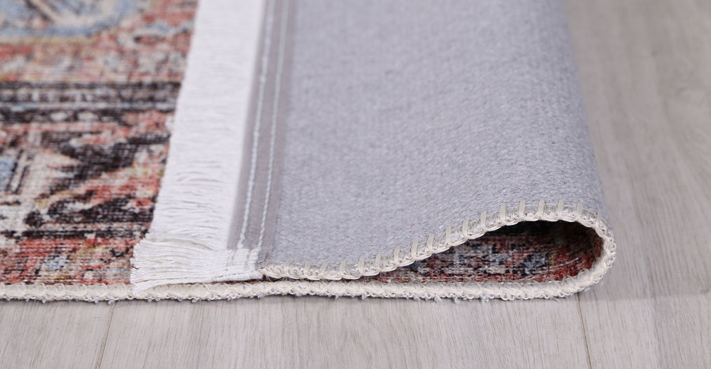 Annabel Distressed Vintage Terracotta & Sky Blue Rug - VITAL 2664-07 (with fringe)