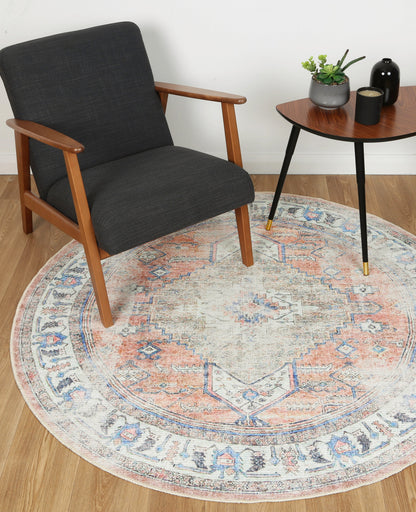 Pissarro Terracotta Blue Washable Round Rug - VITAL 3163-00
