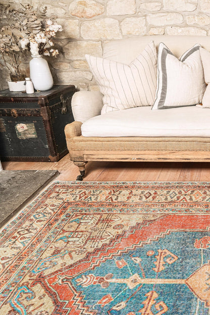 Distressed Louvre Rustic Blue Washable Rug - VITAL 3181-00