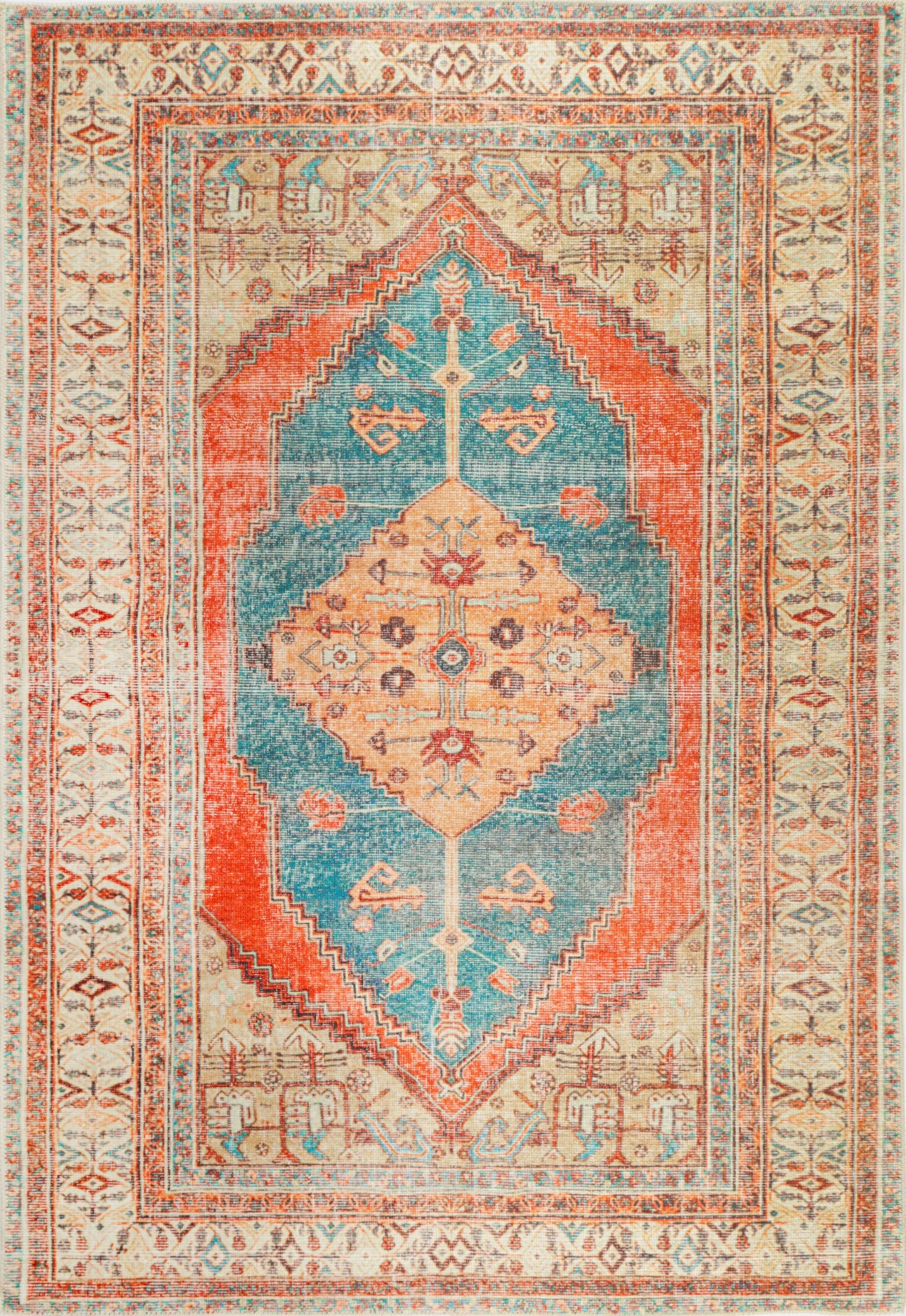 Distressed Louvre Rustic Blue Washable Rug - VITAL 3181-00