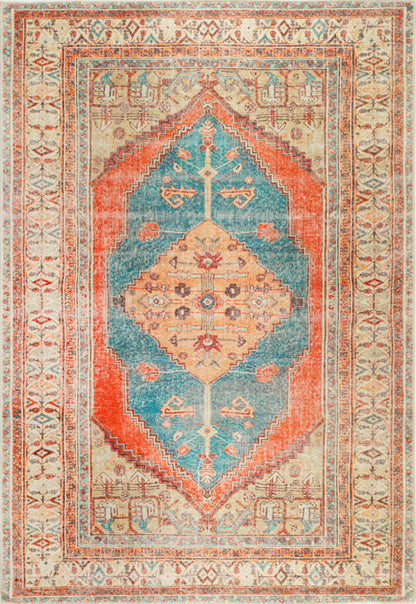 Distressed Louvre Rustic Blue Washable Rug - VITAL 3181-00