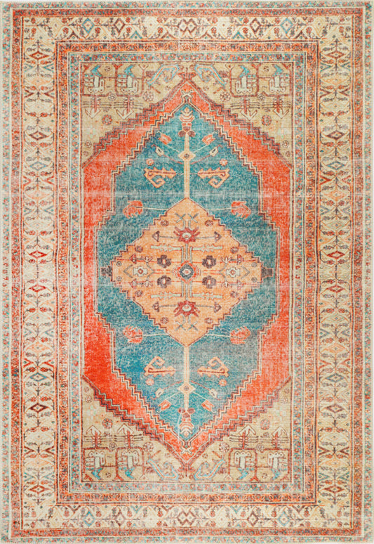 Distressed Louvre Rustic Blue Washable Rug - VITAL 3181-00