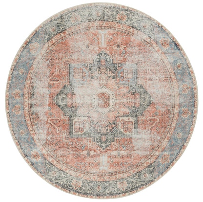Distressed Vintage Cezanne Terracotta Blue Washable Round Rug - VITAL 1610-01