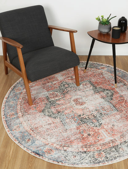 Distressed Vintage Cezanne Terracotta Blue Washable Round Rug - VITAL 1610-01