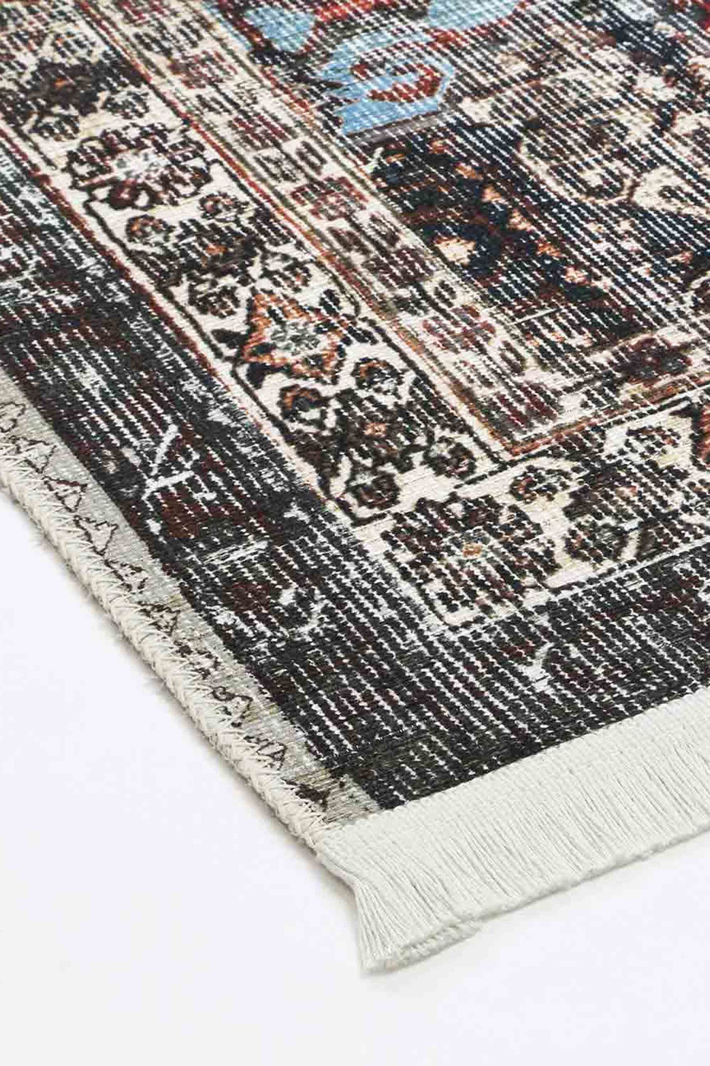 Loane Distressed Vintage Ruby & Sky Blue Rug - VITAL 2923-00 (with fringe)