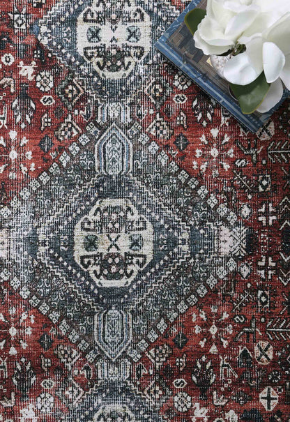 Loane Distressed Vintage Ruby & Sky Blue Rug - VITAL 2923-00 (with fringe)
